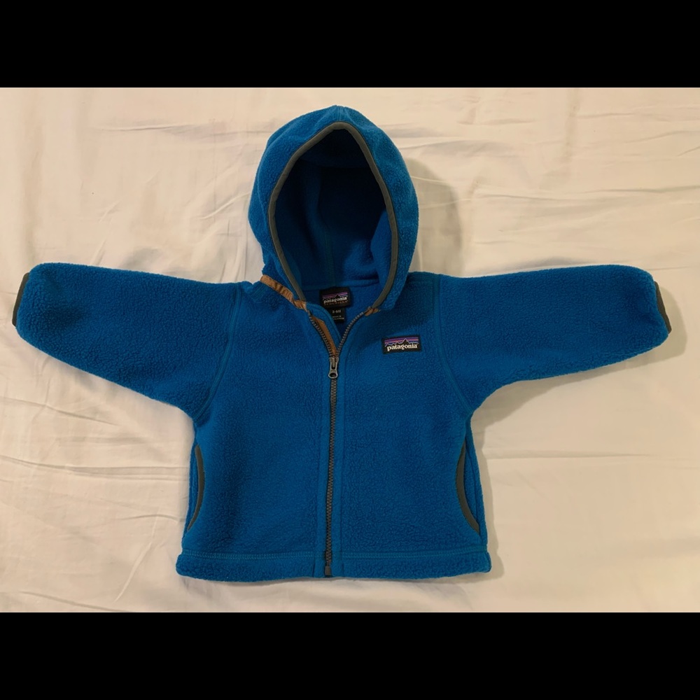 Patagonia synchilla fleece zip jacket with hood - royal blue/dark teal 3-6mo